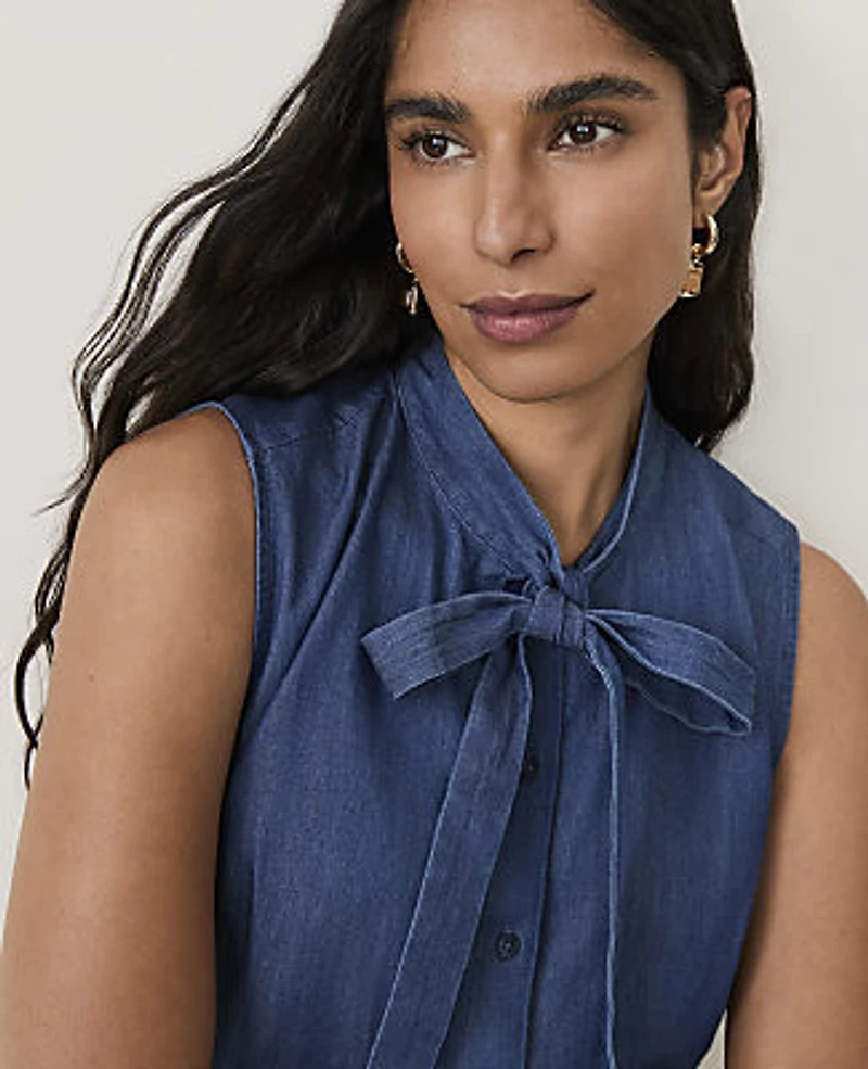 Ann Taylor Sleeveless Bow Neck Blouse Chambray Women's