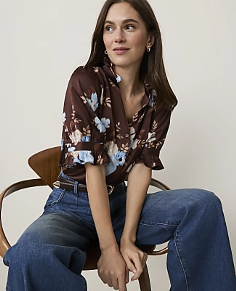 Ann Taylor Floral Ruffle Collar Shirt French Mocha Women's