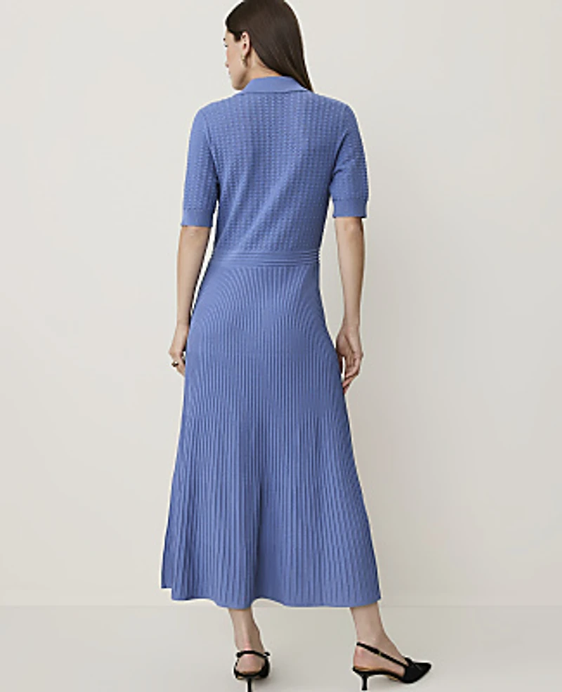 Ann Taylor Petite Pointelle Polo Midi Sweater Dress Ocean Oasis Women's