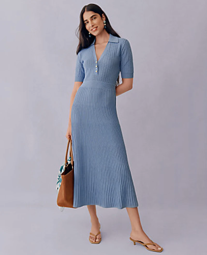 Ann Taylor Petite Pointelle Polo Midi Sweater Dress Ocean Oasis Women's