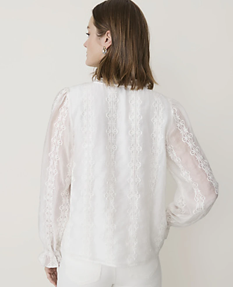 Ann Taylor Embroidered Blouson Sleeve Blouse Winter White Women's