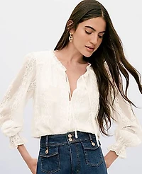 Ann Taylor Embroidered Blouson Sleeve Blouse Women's