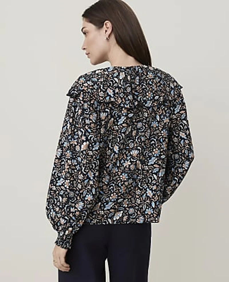 Ann Taylor Weekend Floral Tie Neck Blouse Night Sky Women's