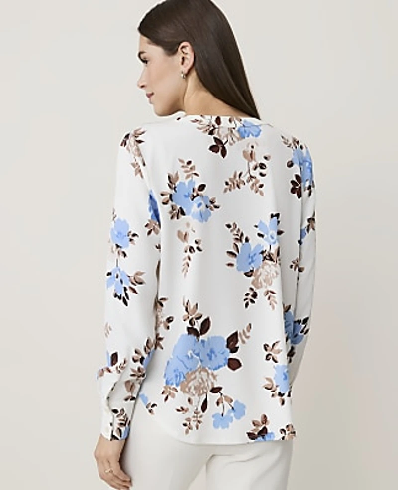 Ann Taylor Petite Floral Mixed Media Pleat Front Top Cheerful Blue-Ww Women's