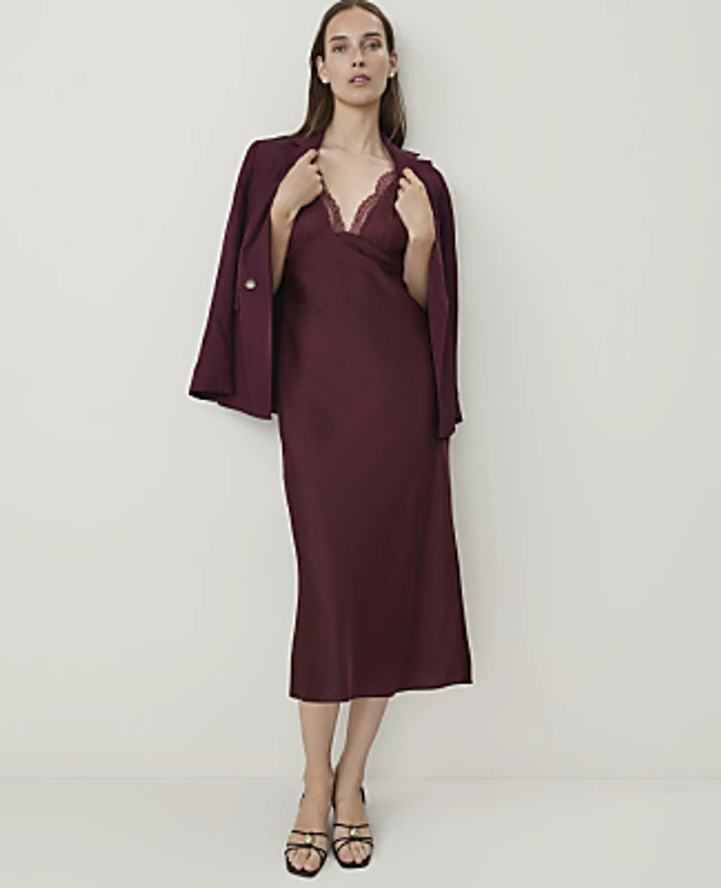 Ann Taylor Petite Lace Trim Satin Midi Slip Dress Purest Plum Women's