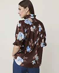 Ann Taylor Petite Floral Ruffle Collar Shirt French Mocha Women's