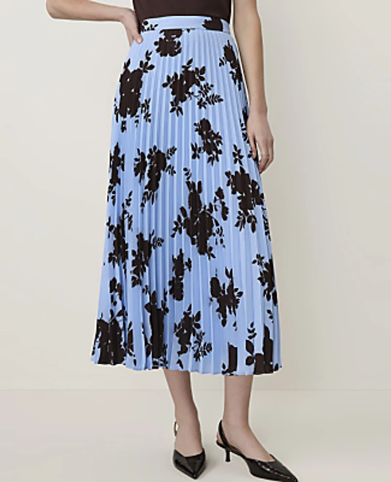 Ann Taylor Petite Floral Pleated Midi Skirt Cheerful Blue Women's