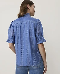 Ann Taylor Petite Embroidered Ruffle Collar Shirt Ocean Oasis Women's
