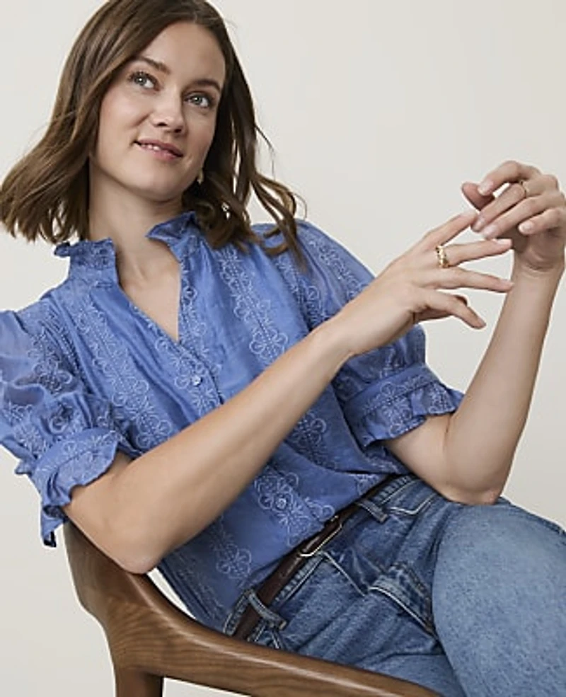 Ann Taylor Petite Embroidered Ruffle Collar Shirt Ocean Oasis Women's