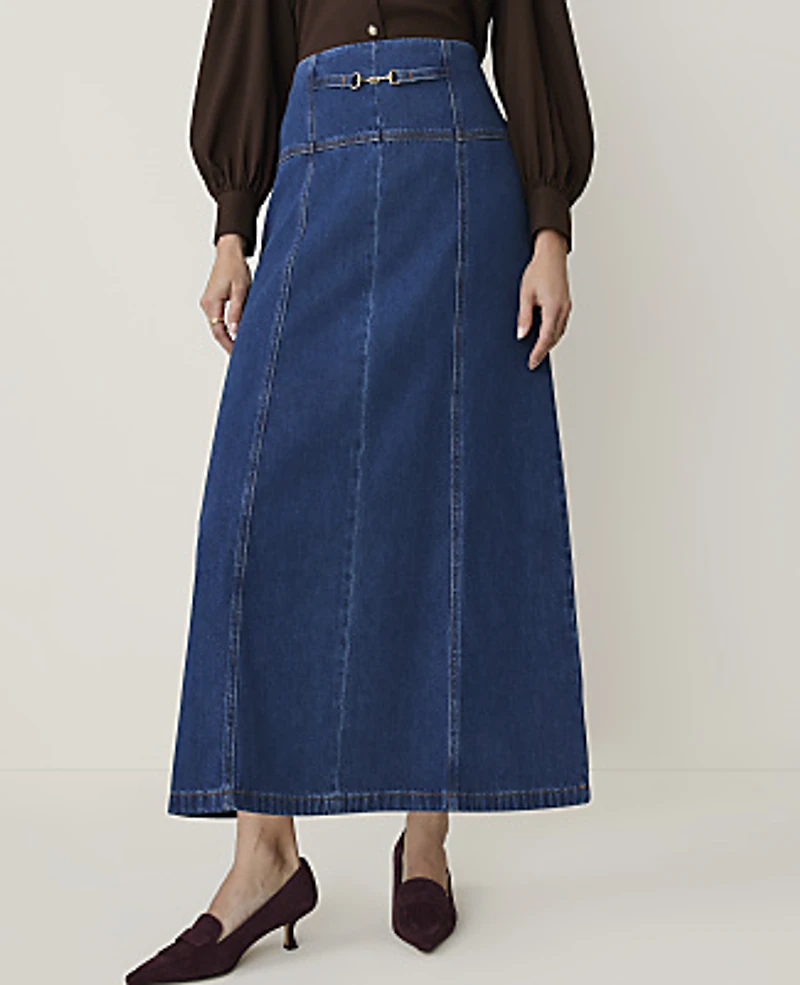 Ann Taylor Petite Horsebit Full Denim Skirt Bright Medium Stone Wash Women's