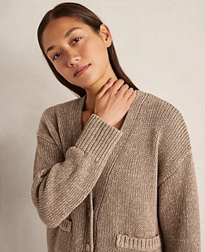 Ann Taylor Haven Well Within Organic Cotton Linen Plaited V-Neck Cardigan Taupe Women's
