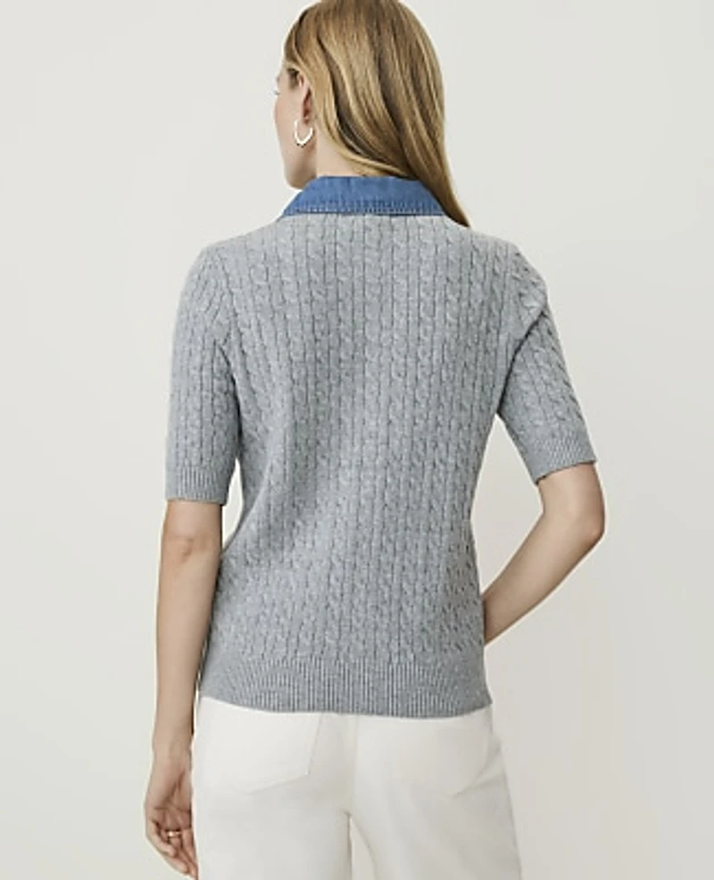 Ann Taylor Petite Weekend Denim Collar Cable Cardigan Silver Grey Melange Women's