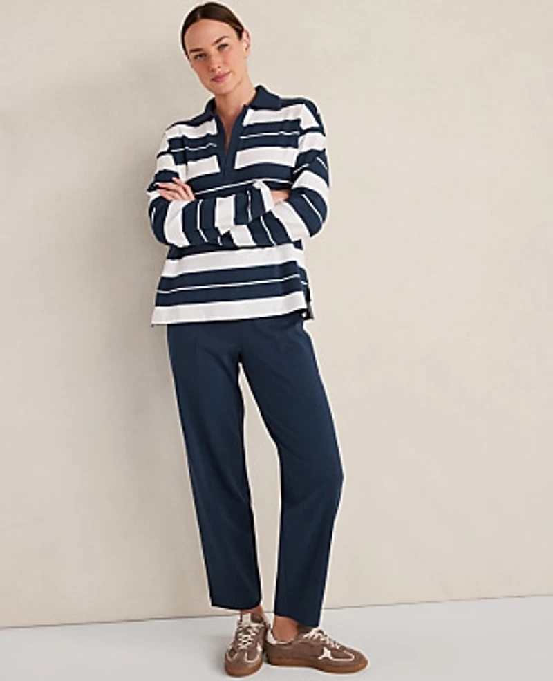 Ann Taylor Haven Well Within Organic Cotton Interlock Stripe Johnny Collar Top Size XL Twilight Wash Women's