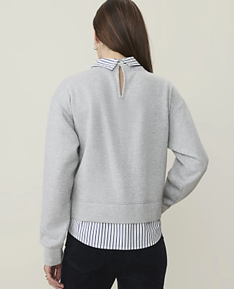 Ann Taylor Weekend Collared Mixed Media Sweatshirt Medium Light Heather Grey Women's