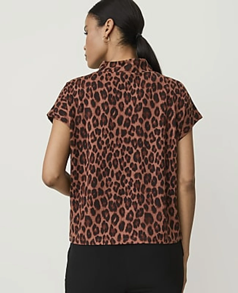 Ann Taylor Petite Animal Print Button Mock Neck Top Brown Women's