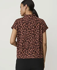 Ann Taylor Petite Animal Print Button Mock Neck Top Brown Women's