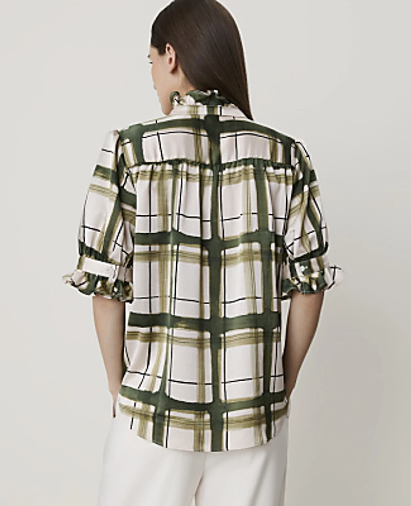 Ann Taylor Plaid Ruffle Collar Shirt Olive Sprig Women's
