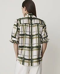 Ann Taylor Plaid Ruffle Collar Shirt Olive Sprig Women's