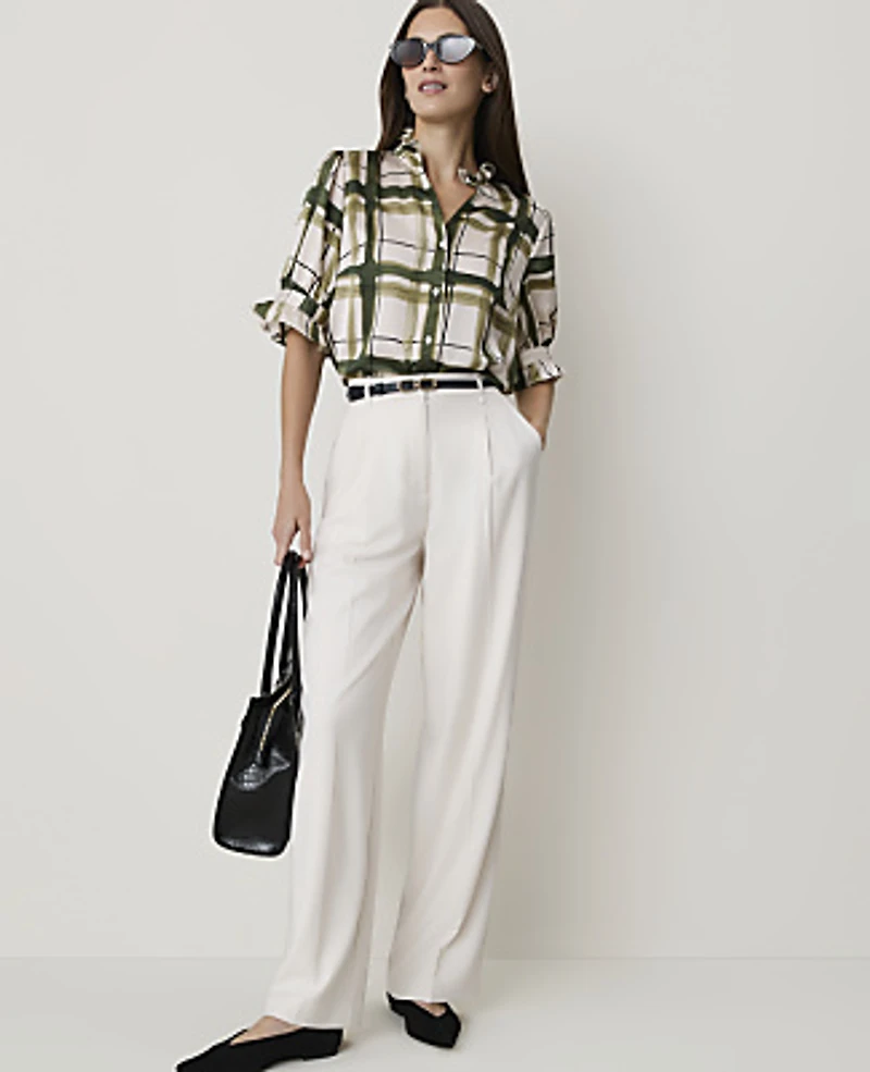 Ann Taylor Plaid Ruffle Collar Shirt Olive Sprig Women's