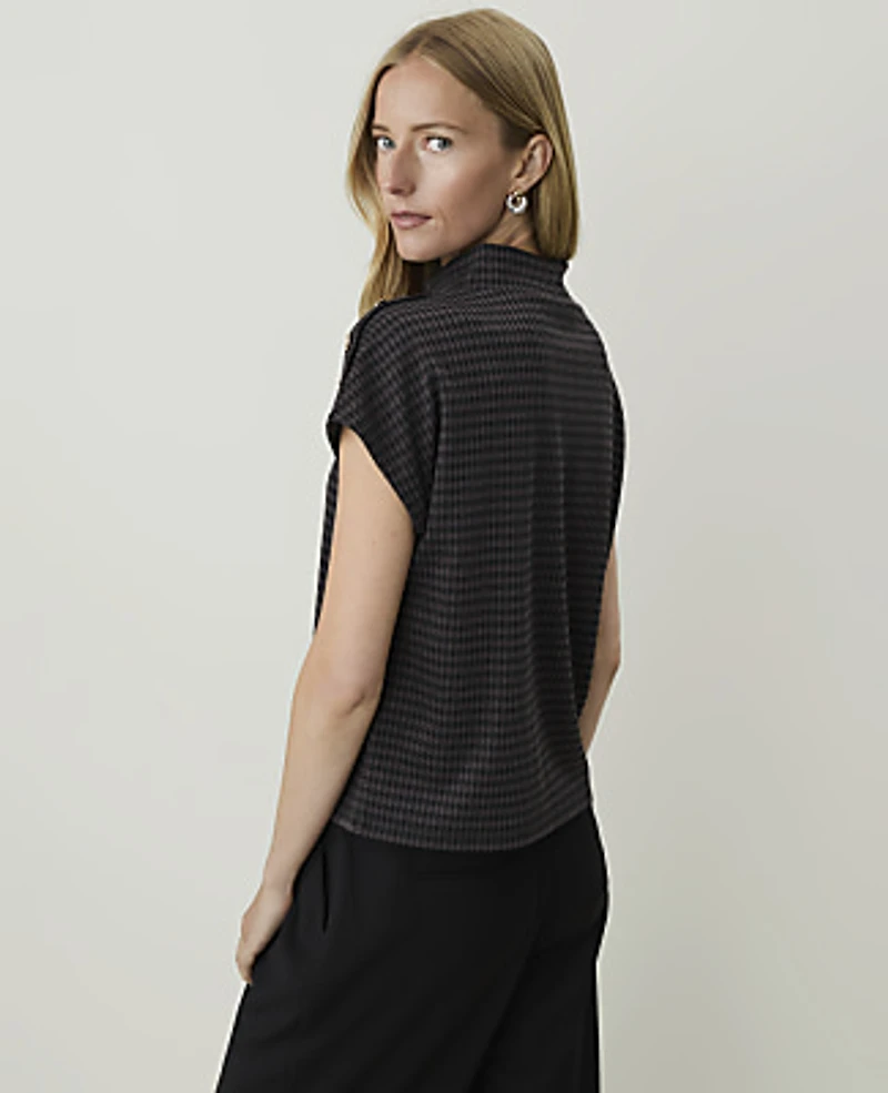 Ann Taylor Houndstooth Mock Neck Top Black Grey Women's