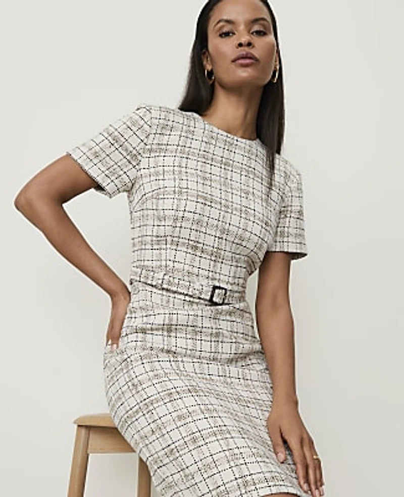 Ann Taylor Belted Sheath Dress Tweed Whipped Cream Multi Women's