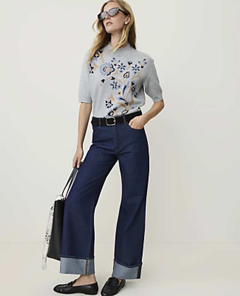 Ann Taylor Weekend Floral Jacquard Mock Neck Sweater T-Shirt Night Sky Women's