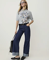 Ann Taylor Weekend Floral Jacquard Mock Neck Sweater T-Shirt Night Sky Women's