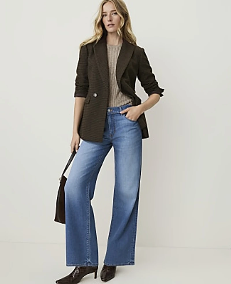Ann Taylor Petite Weekend Crosby Blazer Houndstooth Forest Combo Women's