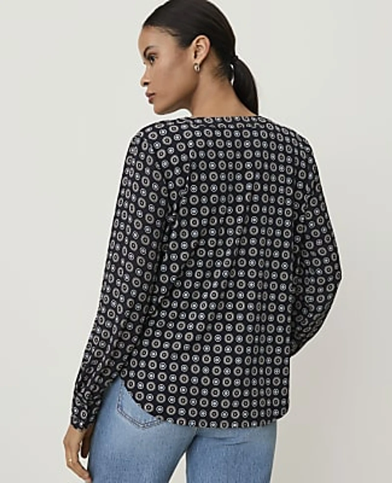 Ann Taylor Geo Print Mixed Media Pleat Front Top Night Sky Women's