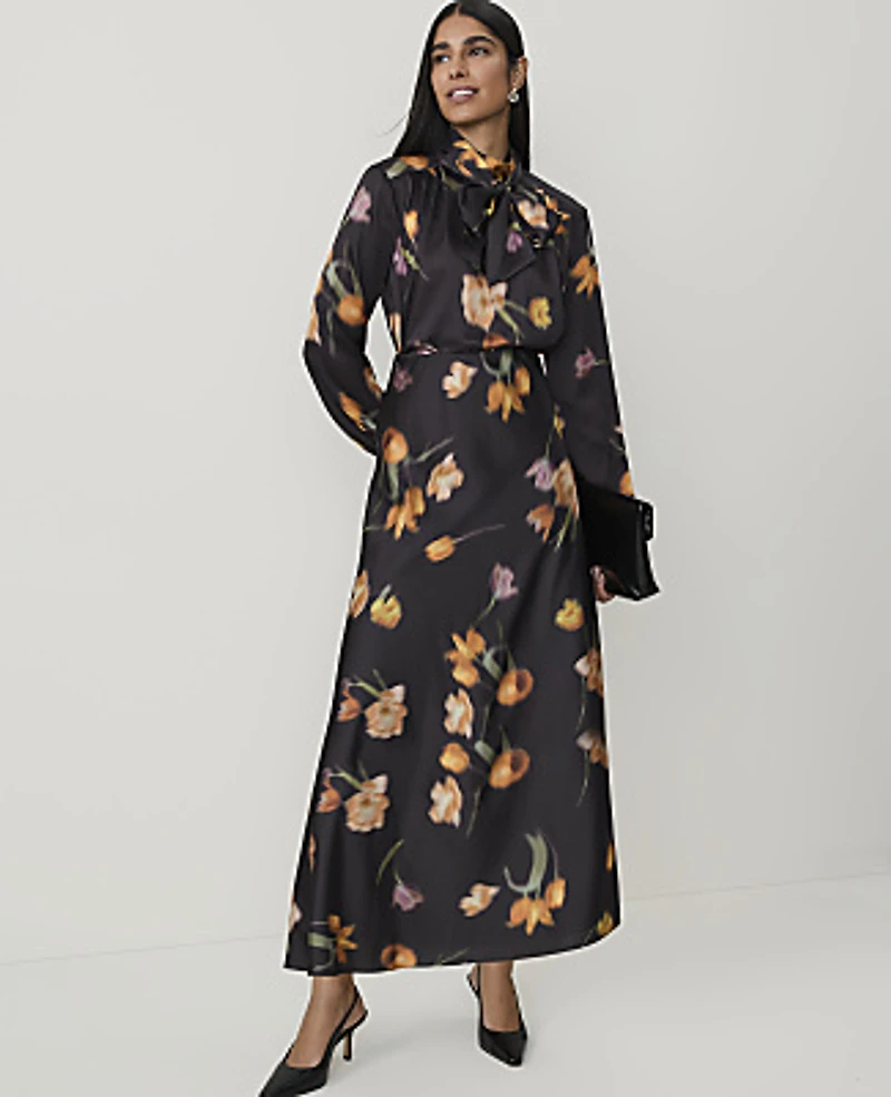 Ann Taylor Petite Floral Bow Blouse Black - Yellow Women's