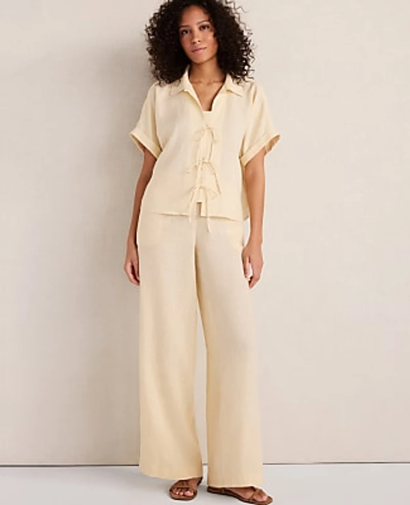Ann Taylor Haven Well Within Linen Tie-Front Top Size Medium Soft Beige Women's