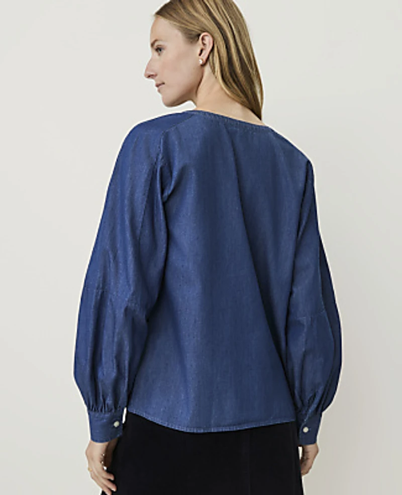 Ann Taylor Weekend Crew Neck Blouse Chambray Women's