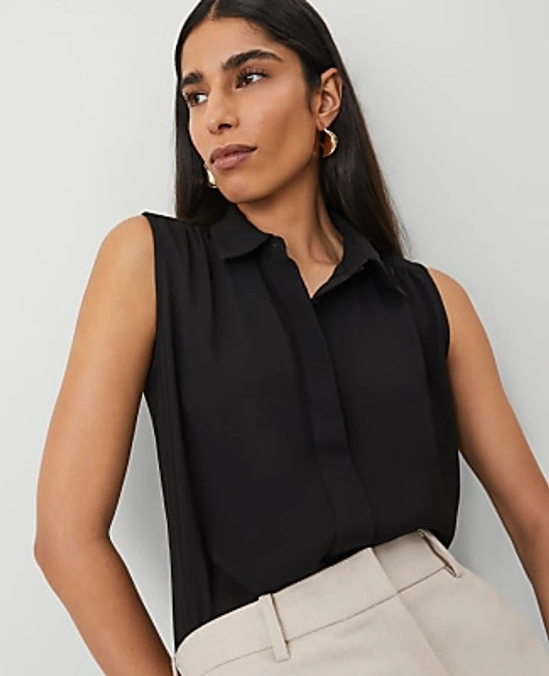 Ann Taylor Shirred Yoke Sleeveless Shirt Black Women's