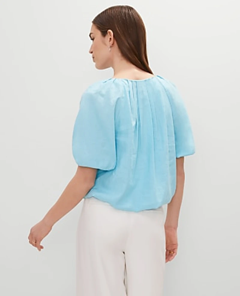 Ann Taylor Linen Blend Bubble Hem Blouse Size Medium Gulf Stream Blue Women's