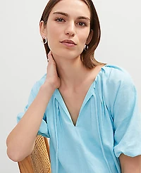 Ann Taylor Linen Blend Bubble Hem Blouse Size Medium Gulf Stream Blue Women's