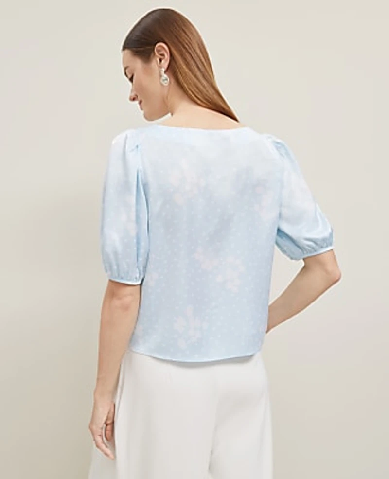Ann Taylor Floral Boatneck Popover Top Zephyr Blue B Women's