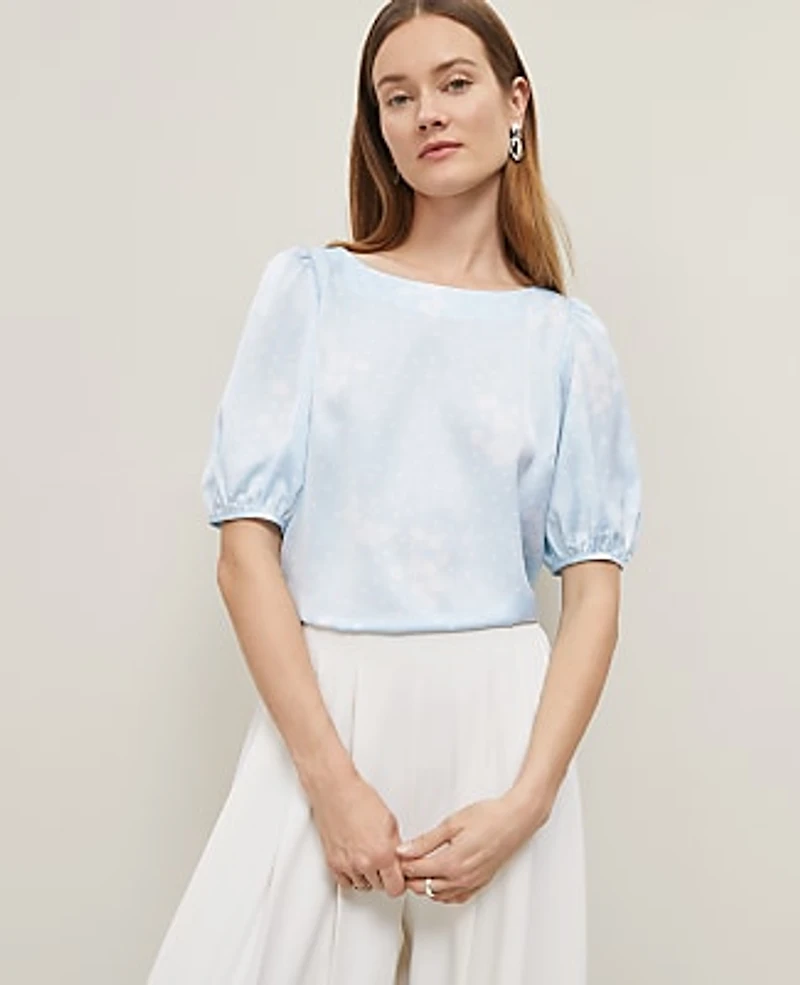 Ann Taylor Floral Boatneck Popover Top Zephyr Blue B Women's