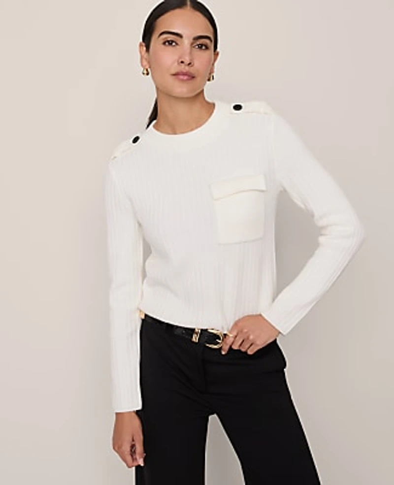 Ann Taylor Ribbed Pocket Sweater Winter White Women's
