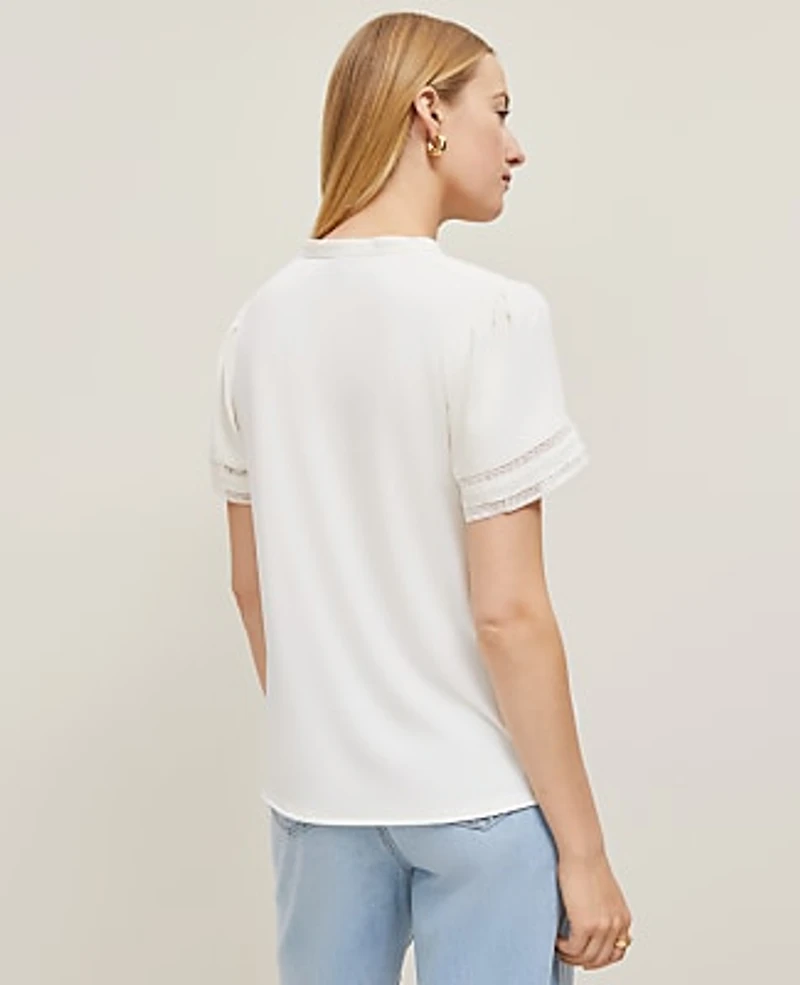 Ann Taylor Lace Trim Mixed Media Top Size Large Winter White Women's