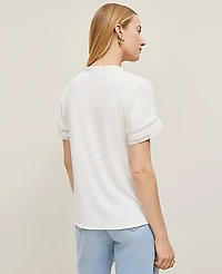 Ann Taylor Lace Trim Mixed Media Top Size Large Winter White Women's