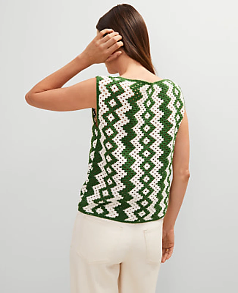 Ann Taylor Petite Geo Crochet Sweater Shell Top Size XS Green/White Combo Women's