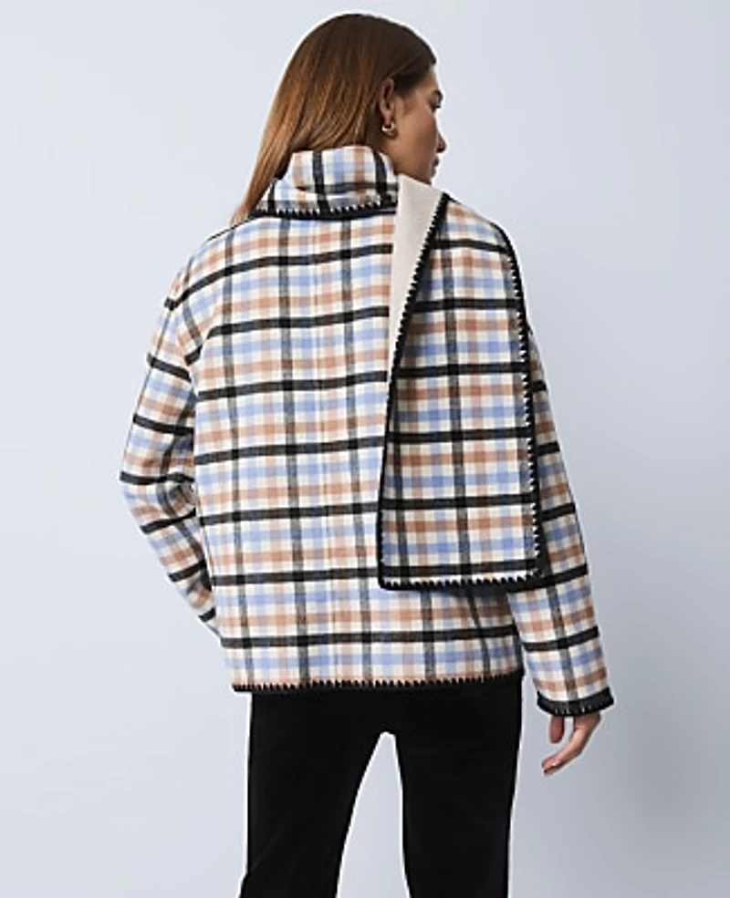 Ann Taylor Weekend Plaid Scarf Coat Peaceful Periwinkle Women's