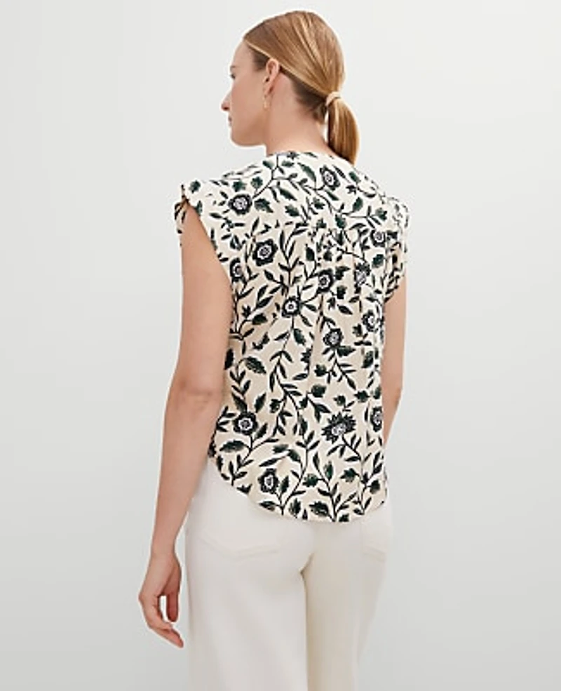 Ann Taylor Petite Linen Blend Floral Pintucked Top Size 2XS Sands Edge Women's