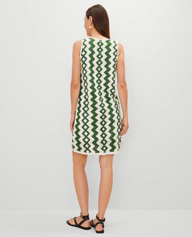 Ann Taylor Petite Geo Crochet Shift Dress Size XS Green/White Combo Women's