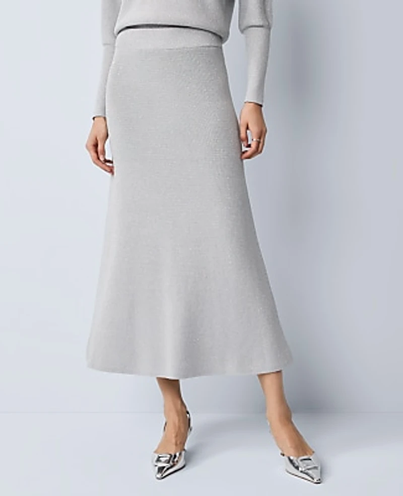 Ann Taylor Ribbed Lurex Midi Skirt Medium Light Heather Grey Women's