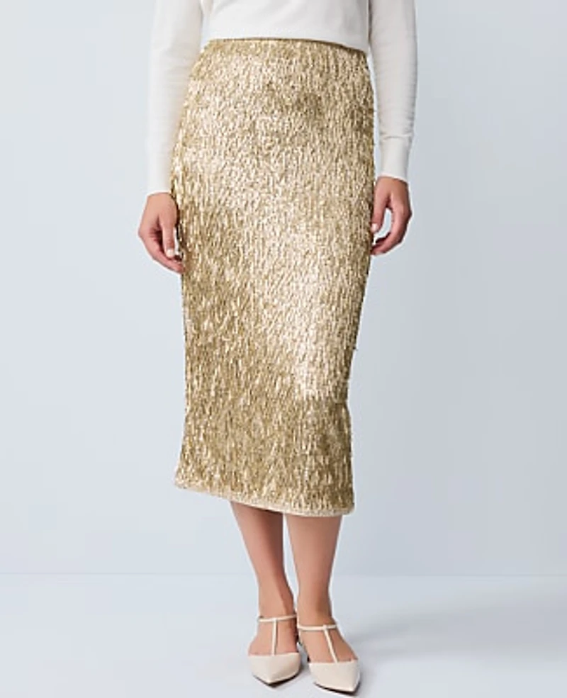 Ann Taylor Sequin Column Midi Skirt Gold Shine Women's