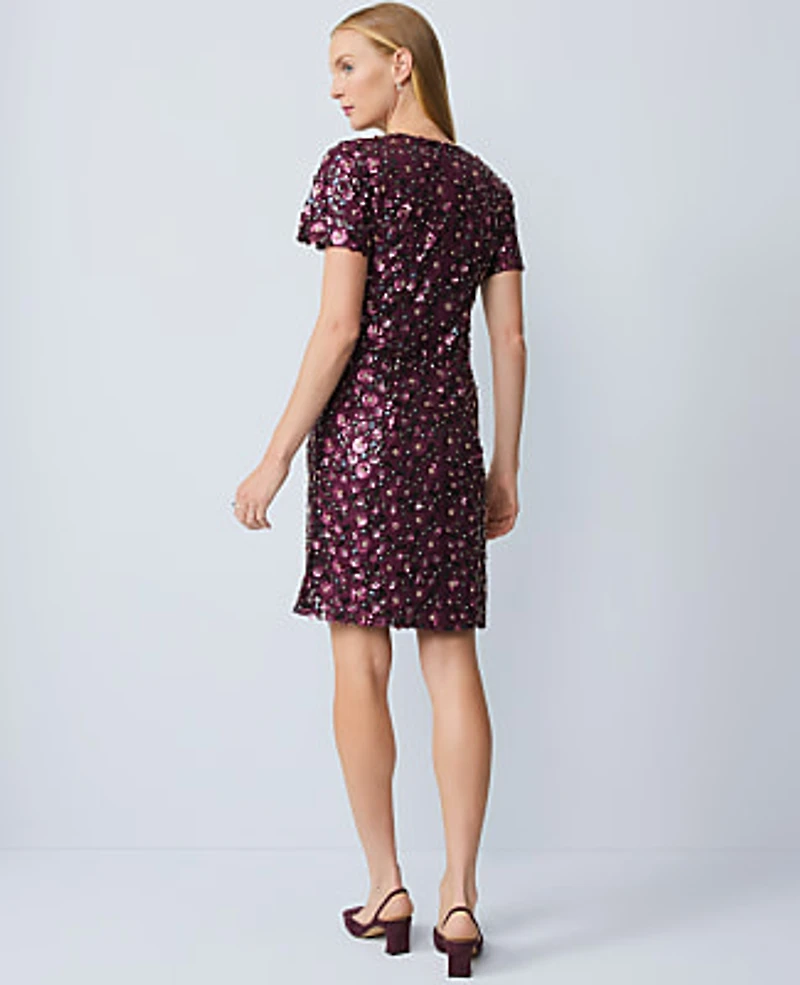 Ann Taylor Floral Sequin Shift Dress Metallic Burgundy Multi Women's