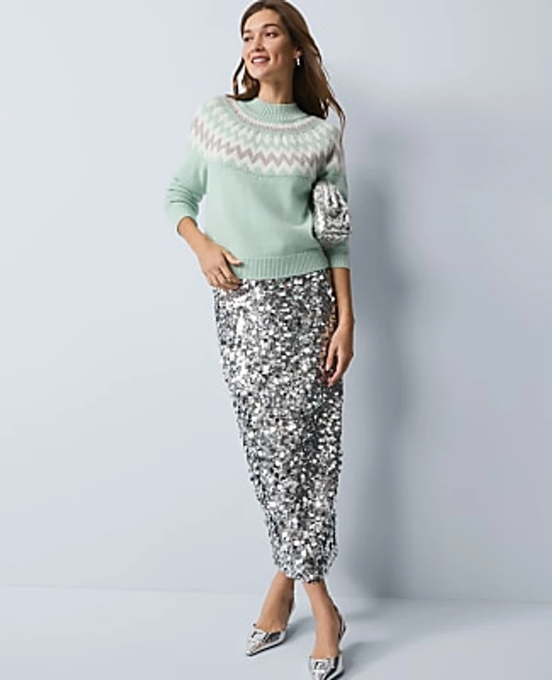 Ann Taylor Fair Isle Mock Neck Sweater Green Multi Women's