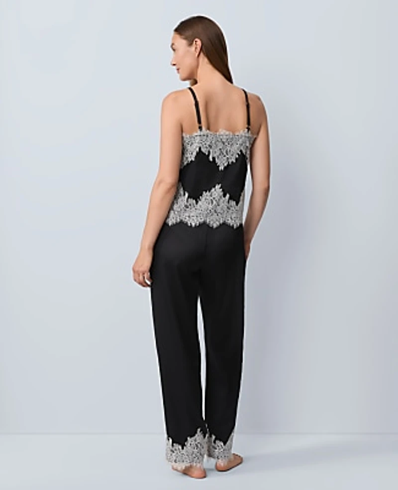 Ann Taylor Lace Trim Satin Pajama Set Black Women's