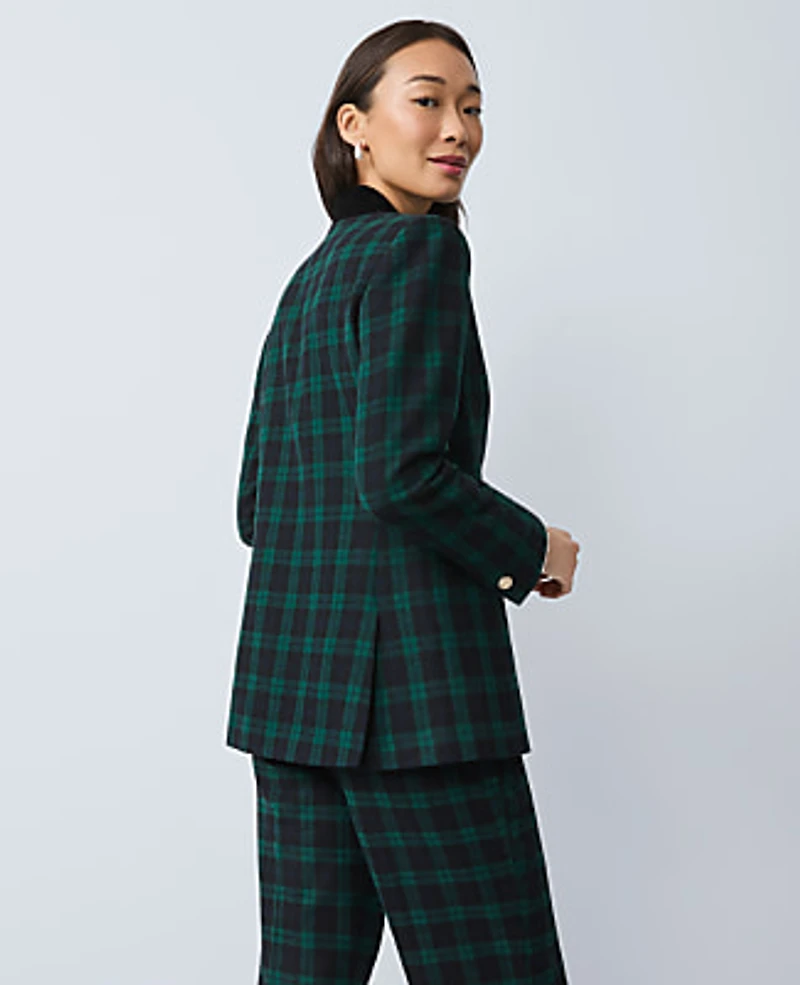 Ann Taylor The Long Collarless Blazer Plaid Rainforest Women's
